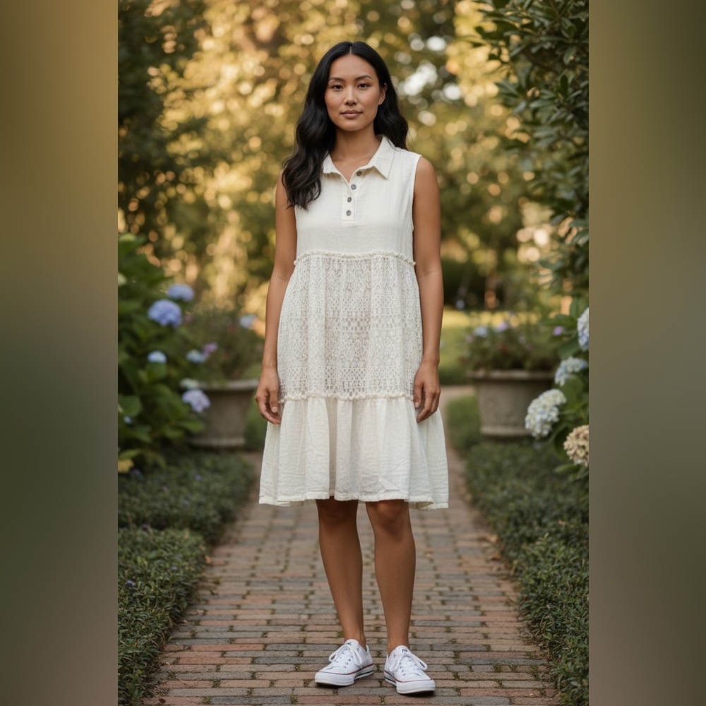 New POL Cream Textured Sleeveless lace Tunic dress top - Picture 2 of 7